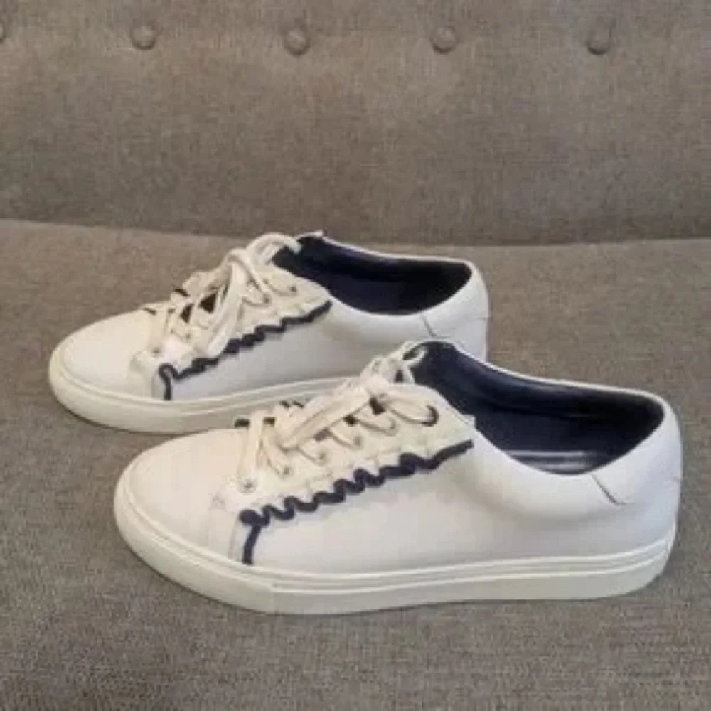 Tory Sport White Leather Sneakers with Navy Scallop Trim